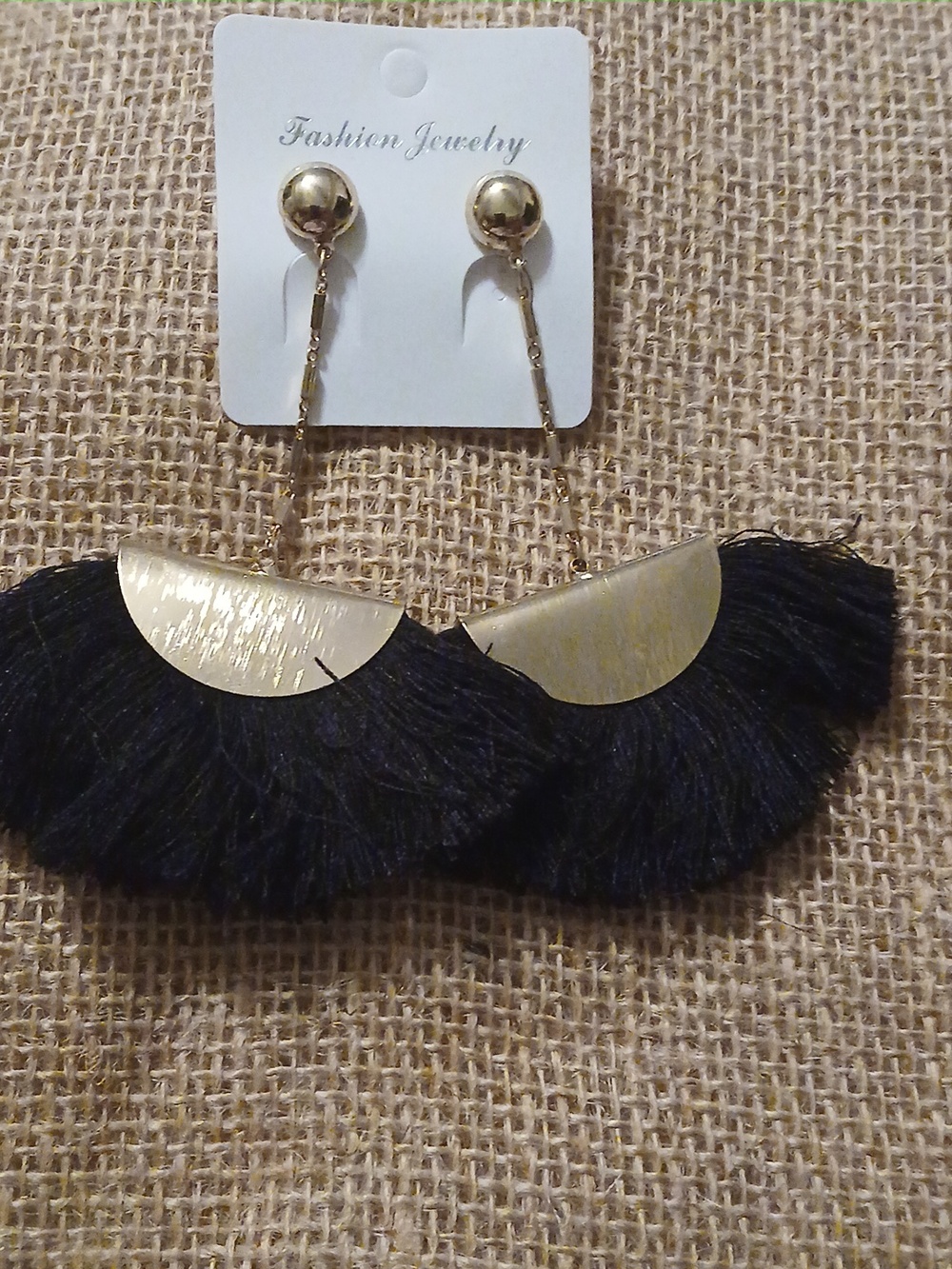 Gold Drop Earrings with Black Tassel Fringe